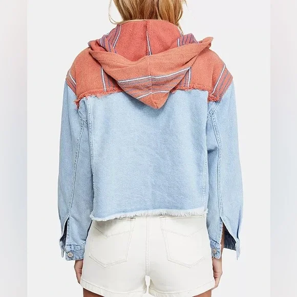 Free People Oversized Baja Mixed-Media Hooded Denim Jacket - Size Small - Picture 3 of 13